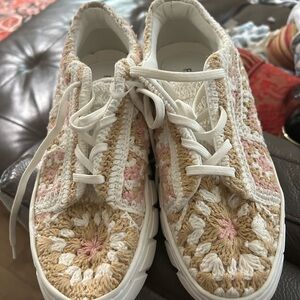 Free people Crochet Lace-Up Sneakers in Cream and Tan